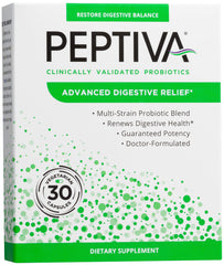 Peptiva Probiótico Avanzado: botella con cápsulas para apoyar la salud digestiva diaria.