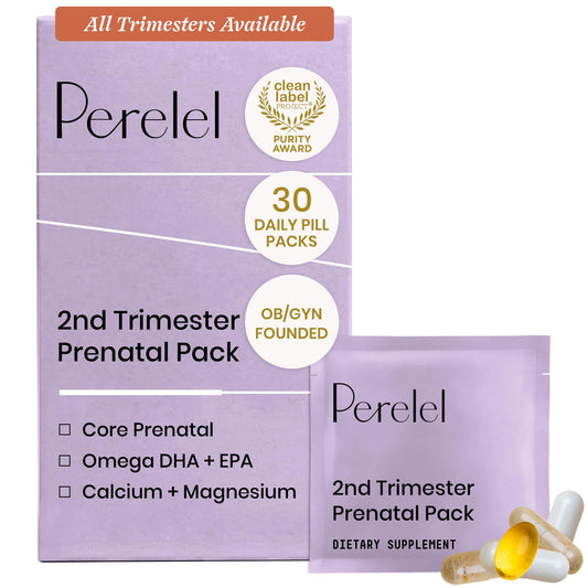 Perelel empaque frontal del Pack prenatal mostrando sachets organizados y conveniencia