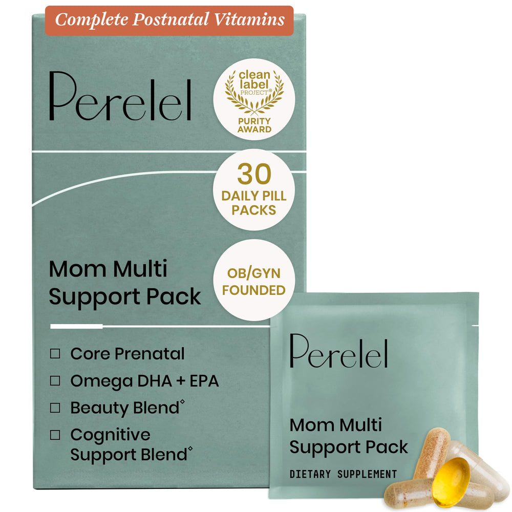 Perelel embalaje frontal mostrando el pack postnatal y conveniencia diaria