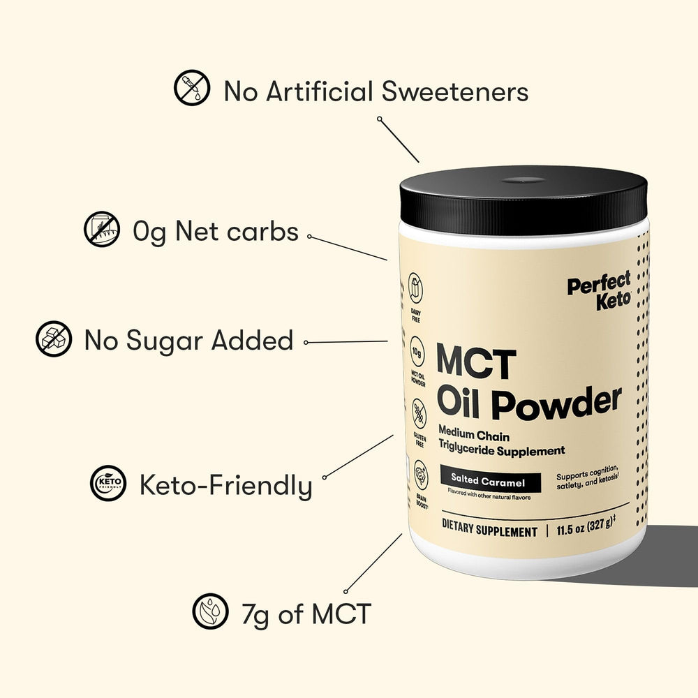 Perfect Keto junto a cocos que indican origen y grasas MCT puras