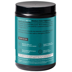Perfect Keto polvo MCT vista cercana destacando textura fácil de mezclar