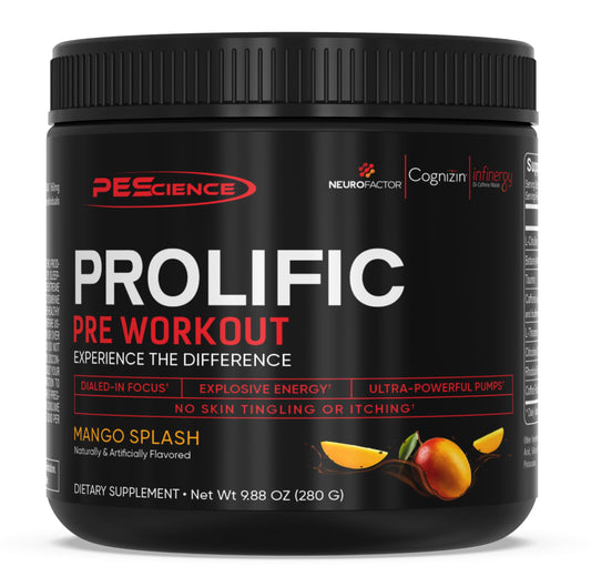 PEScience Prolific Mango Splash, bote listo para entrenar con energía sostenida.