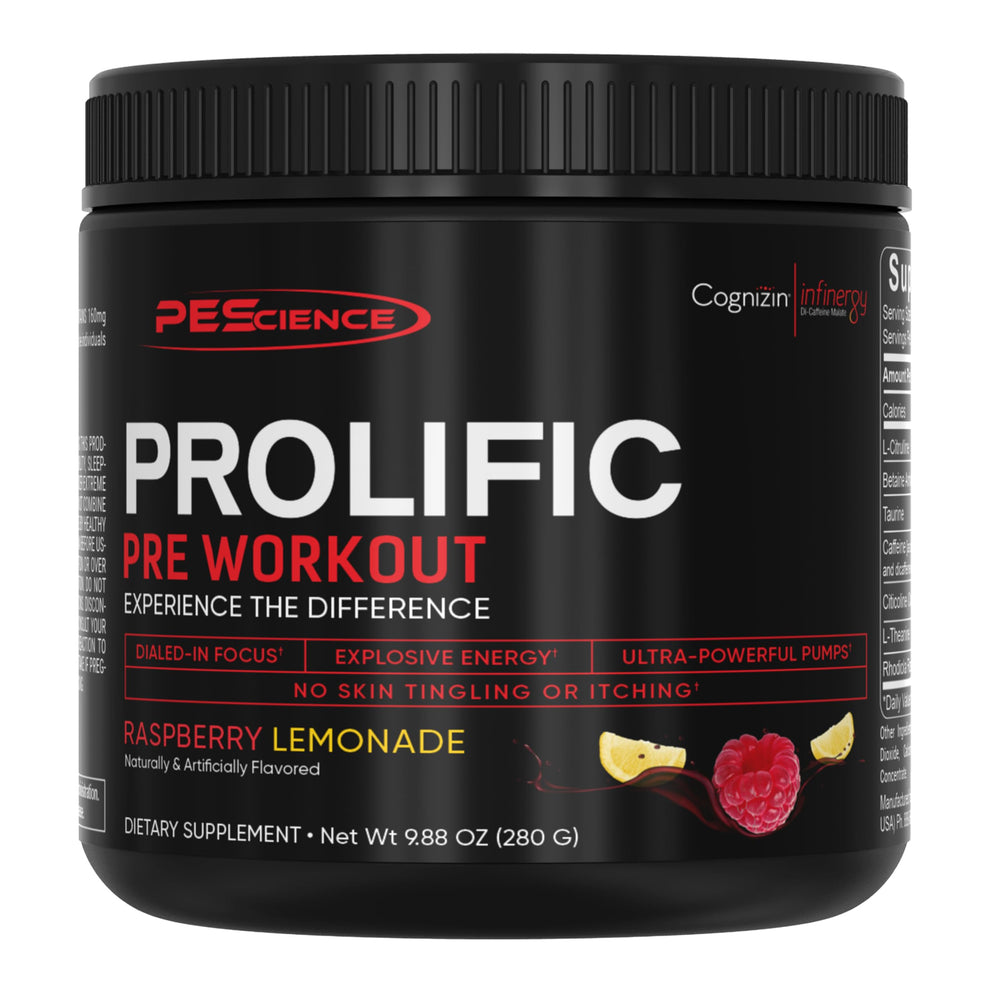PEScience envase frontal Prolific mostrando la marca y sabor Raspberry Lemonade