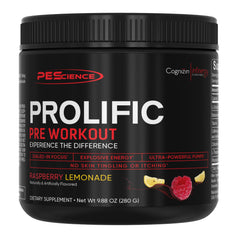 PEScience envase frontal Prolific mostrando la marca y sabor Raspberry Lemonade