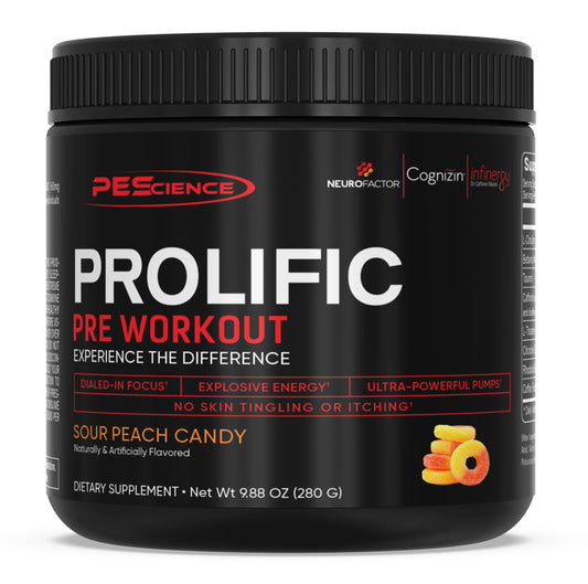 PEScience Prolific polvo preentrenamiento en frasco, energía sostenida para entrenamientos intensos.