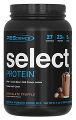 PEScience bote frontal del sabor Chocolate Truffle con diseño claro y beneficios visibles