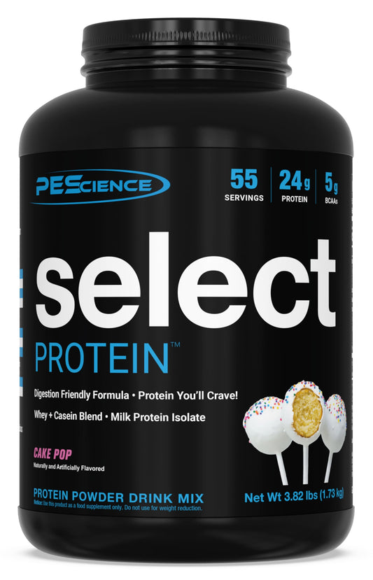 PEScience Select Cake Pop tub showing premium protein blend for lean gains