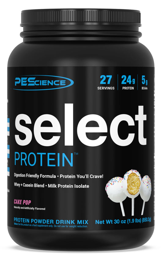 PEScience Select Cake Pop tub close-up highlights flavor for post-workout cravings.