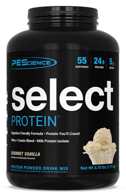 PEScience Select Vanilla tub shows 24 g protein per serving for satisfying shakes.