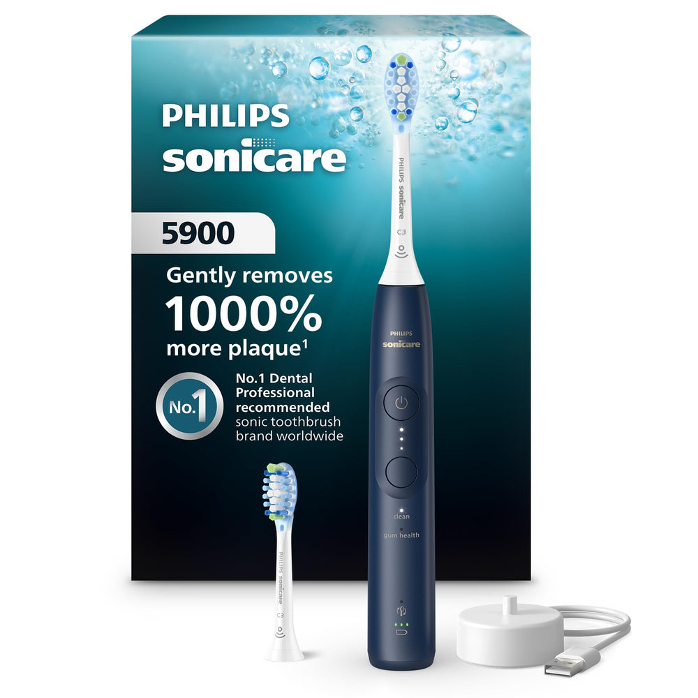 Philips Sonicare frontal del cepillo mostrando diseño y color azul marino, limpieza eficaz