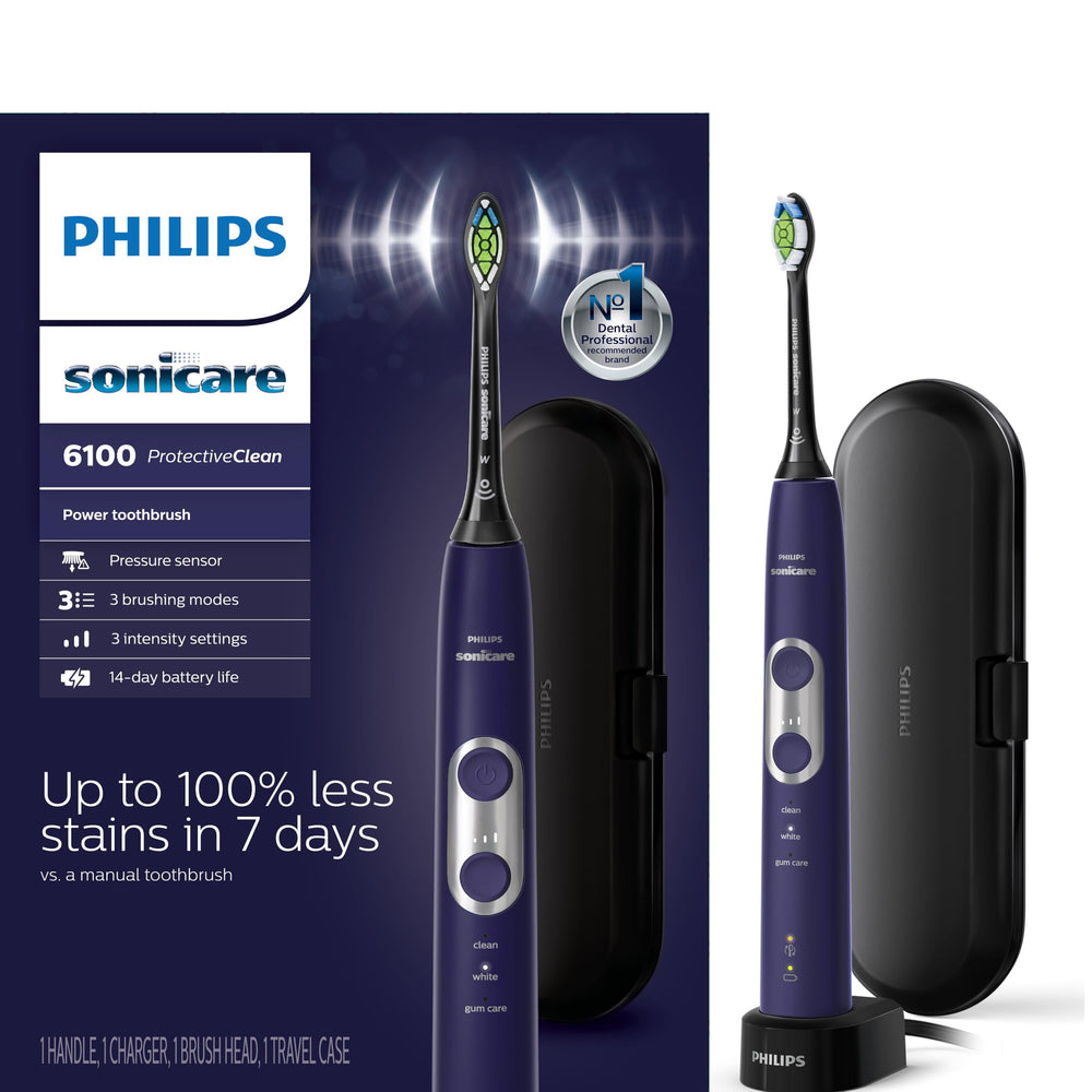 Philips Sonicare 6100 frente y empaque muestra diseño Deep Purple y beneficio estético