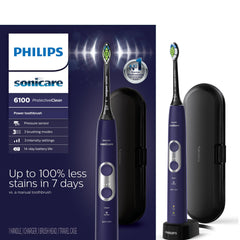 Philips Sonicare 6100 frente y empaque muestra diseño Deep Purple y beneficio estético