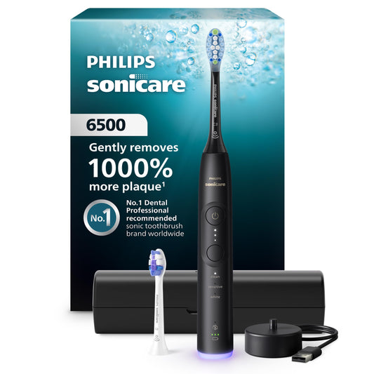 Philips Sonicare cepillo frontal negro mostrando diseño elegante y ergonomía