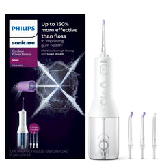 Philips Sonicare frontal del flosser con empaque, muestra beneficio portabilidad