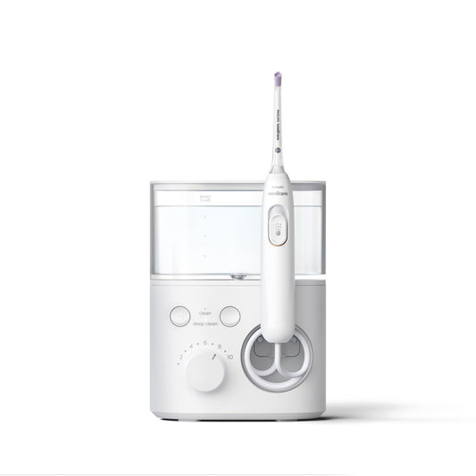Philips Sonicare vista frontal del irrigador con diseño y beneficio de fácil acceso