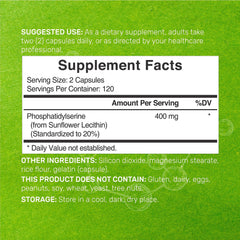 Phosphatidylserine detalle de etiqueta con información de 400 mg y beneficio de estandarización