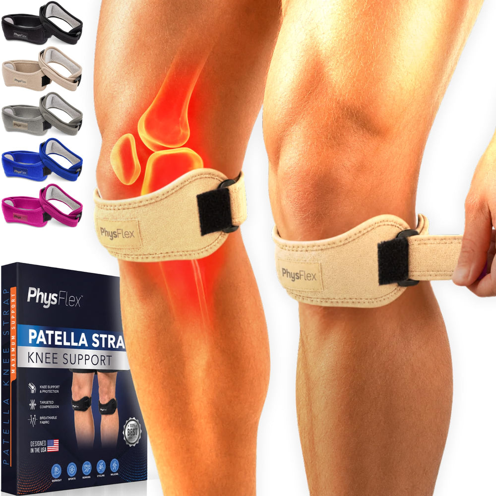 PhysFlex vista frontal del pack con dos bandas para soporte rotuliano y beneficio de estabilidad