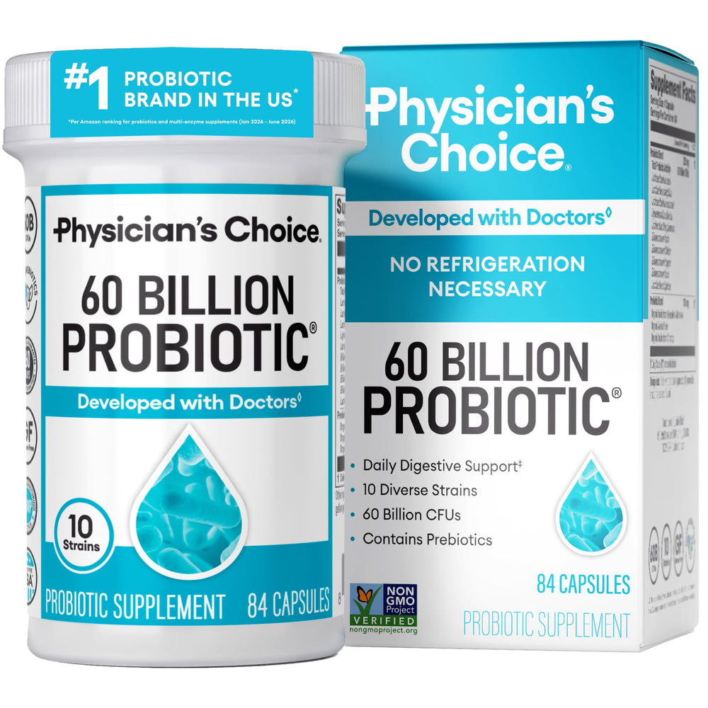 Physician's CHOICE vista frontal del frasco mostrando 84 cápsulas y beneficios