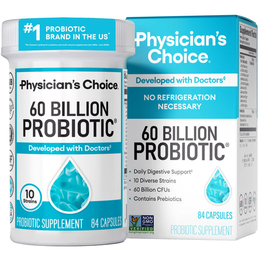 Physician's CHOICE vista frontal del frasco mostrando 84 cápsulas y beneficios