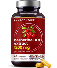 Envase PHYTOCHOICE Pure Berberine HCl 1200mg mostrando etiqueta clara y beneficios