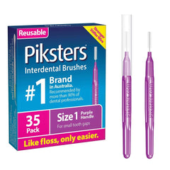 Piksters empaque frontal size 1 morado mostrando 35 unidades y conveniencia