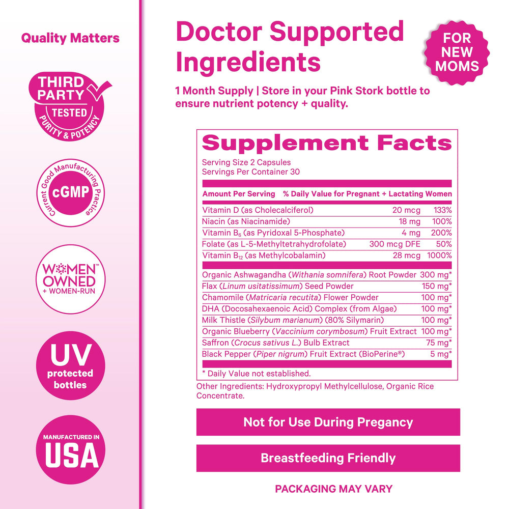 Pink Stork frasco junto a una regla para comparar tamaño y dosificación