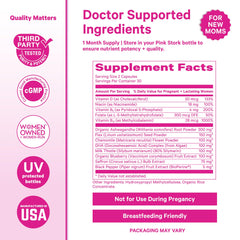 Pink Stork frasco junto a una regla para comparar tamaño y dosificación