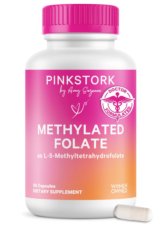 Pink Stork frente del empaque mostrando folato metilado y beneficios destacados