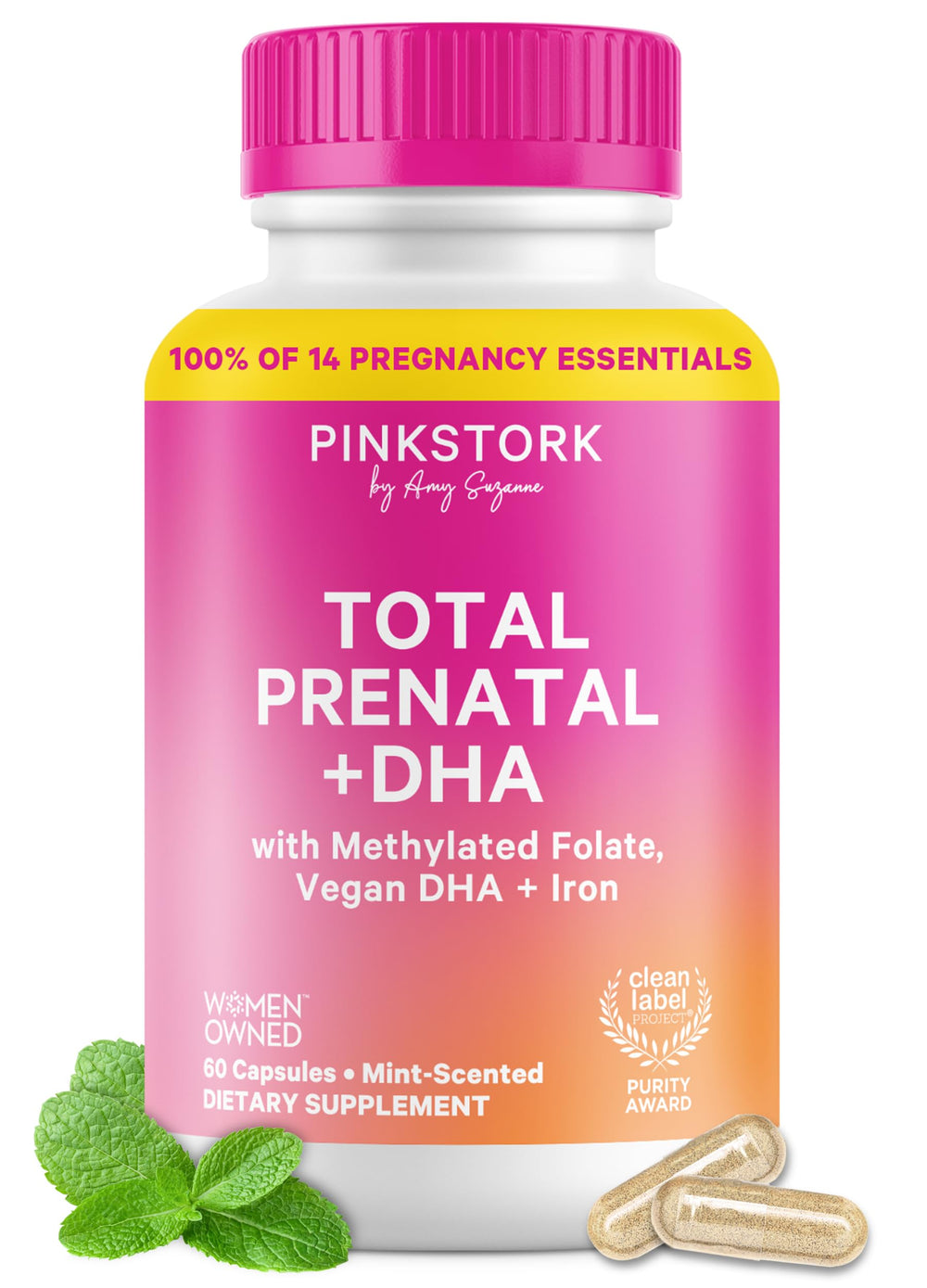 Pink Stork envase frontal Total Prenatal, presenta beneficios completos