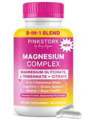 Pink Stork envase frontal del Magnesium Complex que muestra dosis y 8 formas