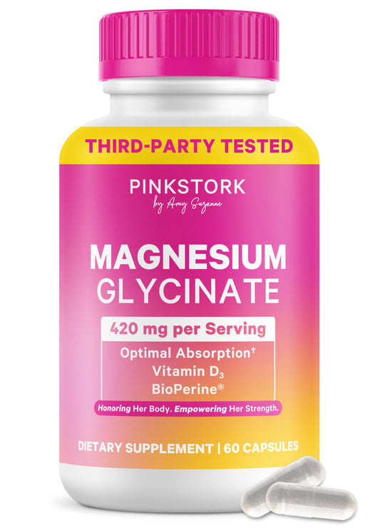 Pink Stork envase frontal de Magnesium Glycinate con vitamina D para confianza