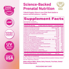 Pink Stork lista de ingredientes mostrando folato metilado y DHA vegano