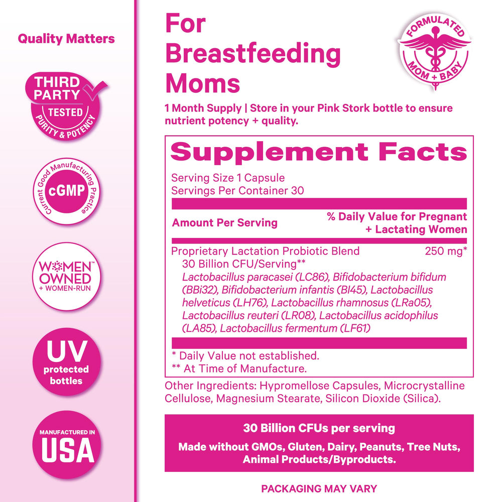 Pink Stork madre amamantando con producto apoya salud digestiva