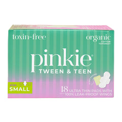 Pinkie empaque frontal mostrando 18 compresas y marca, cómoda para portar