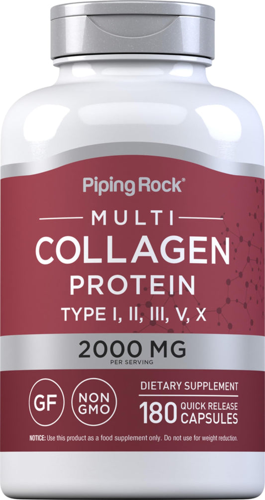 Piping Rock cápsulas de colágeno 2000 mg en botella para consumo diario.