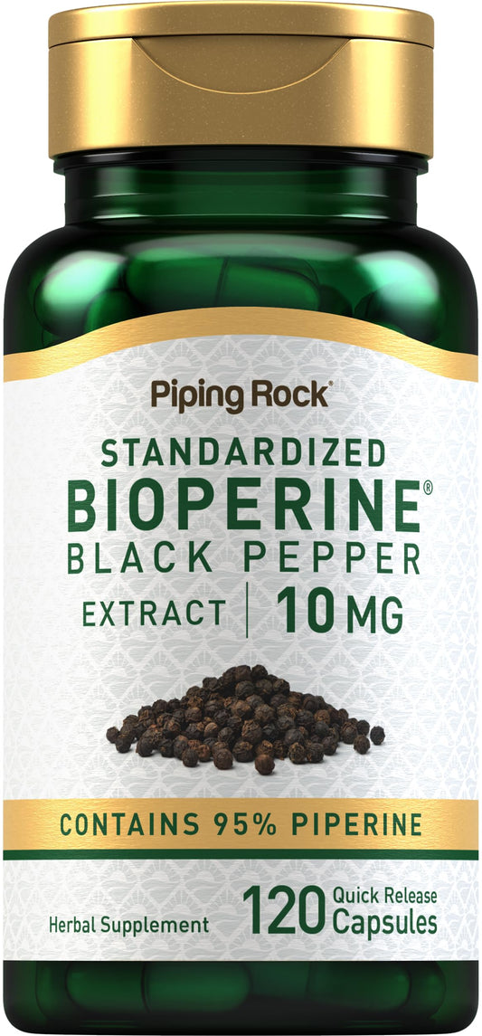 Piping Rock envase frontal Bioperine 120 cápsulas mostrando la marca y cantidad
