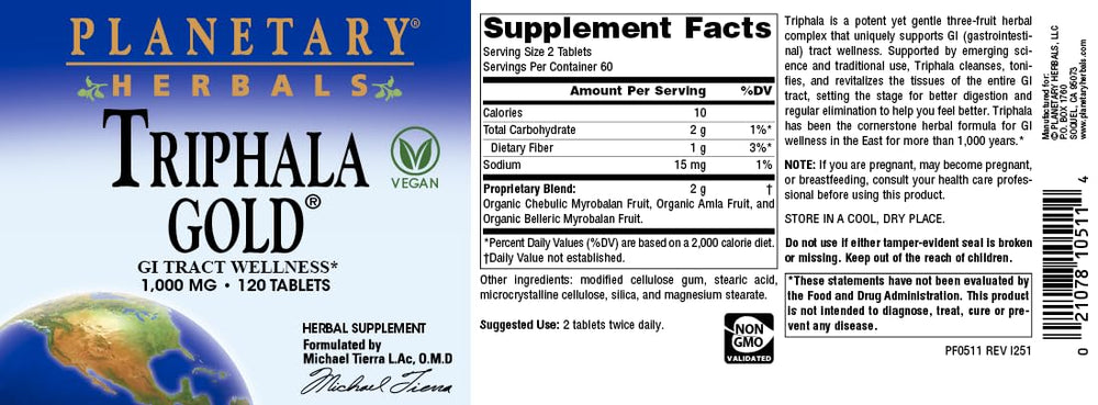 Planetary Herbals Triphala Gold herbs illustration highlights ayurvedic ingredients.