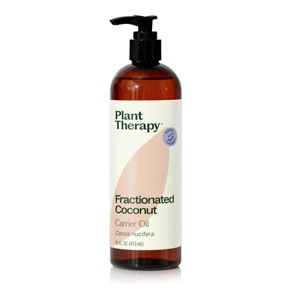 Plant Therapy botella frontal de aceite de coco fraccionado muestra presentación y pureza