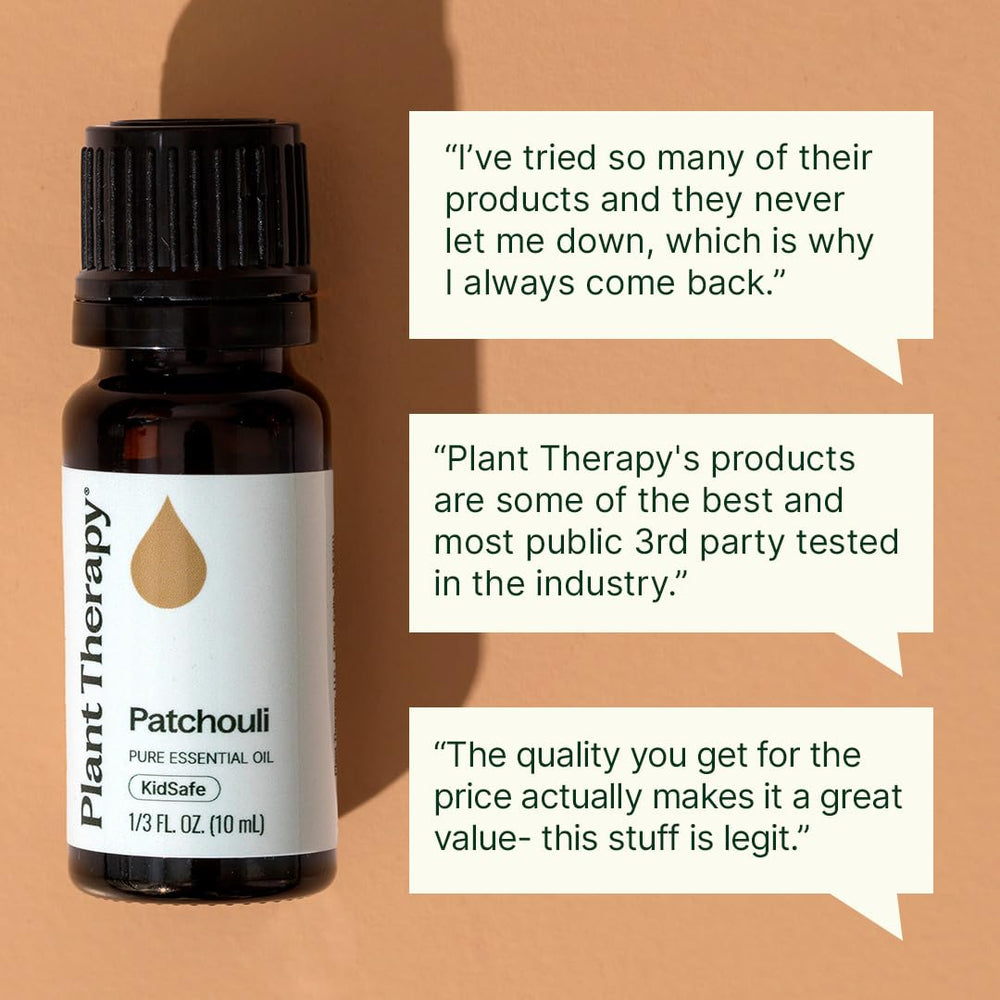 Gota de aceite Patchouli Plant Therapy mostrando textura y color ámbar
