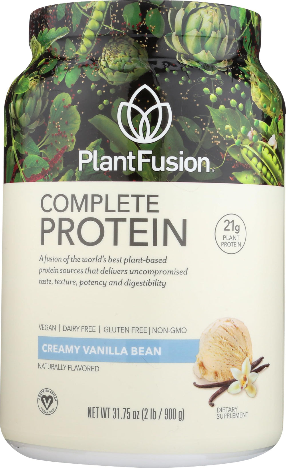 PlantFusion batido cremoso en vaso, beneficio: aporte proteico listo al instante