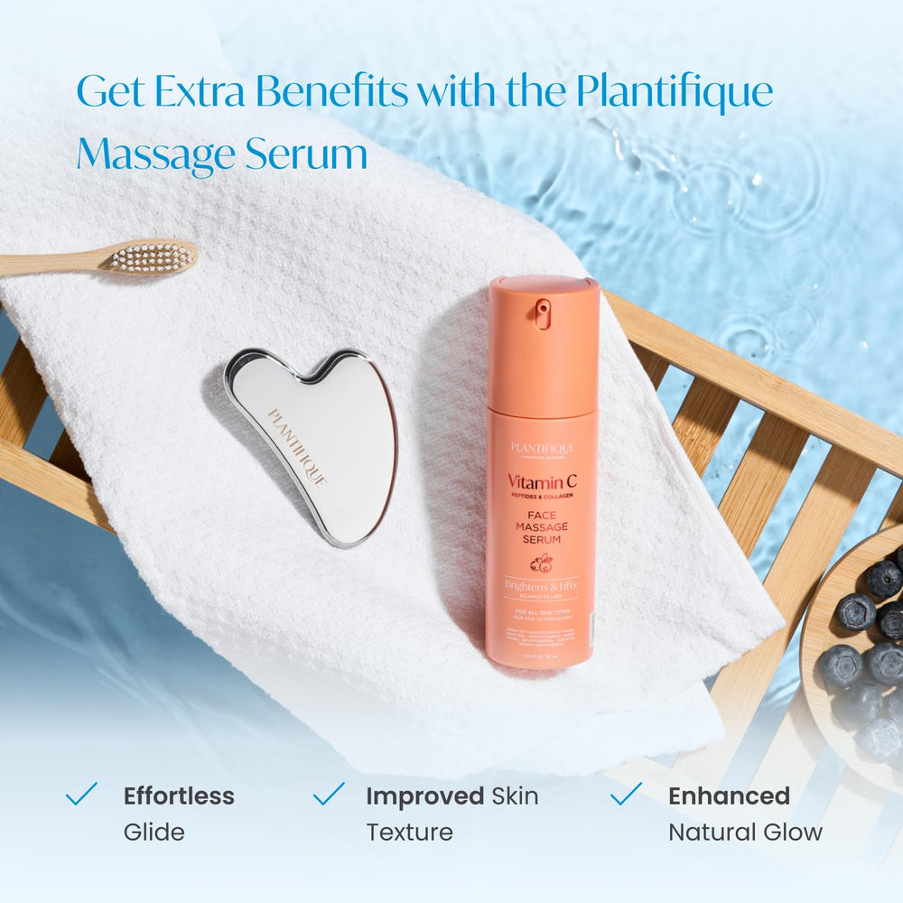 PLANTIFIQUE gua sha junto a regla mostrando tamaño compacto y control fácil