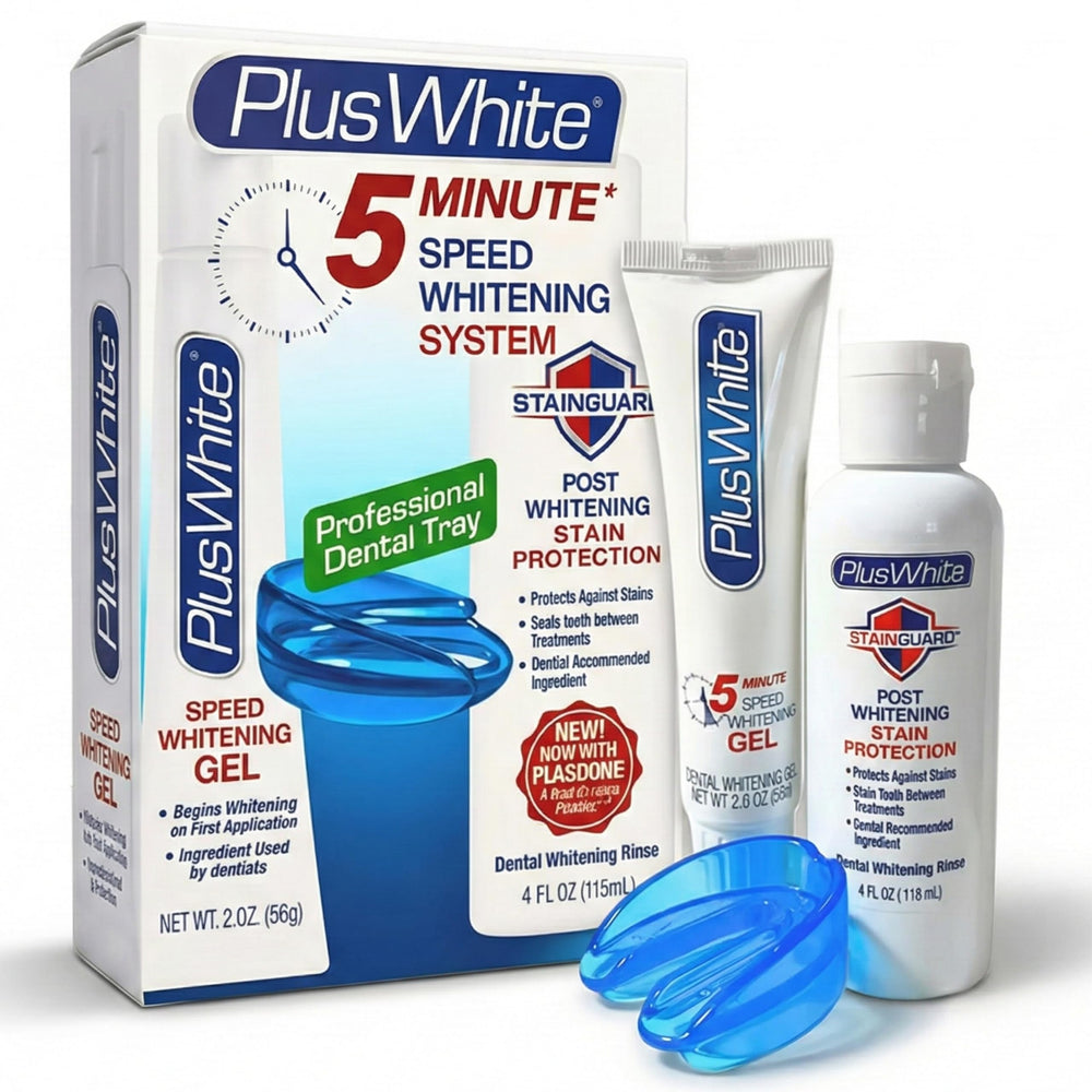 Plus White vista frontal del kit mostrando gel bandeja y enjuague, sonrisa más blanca
