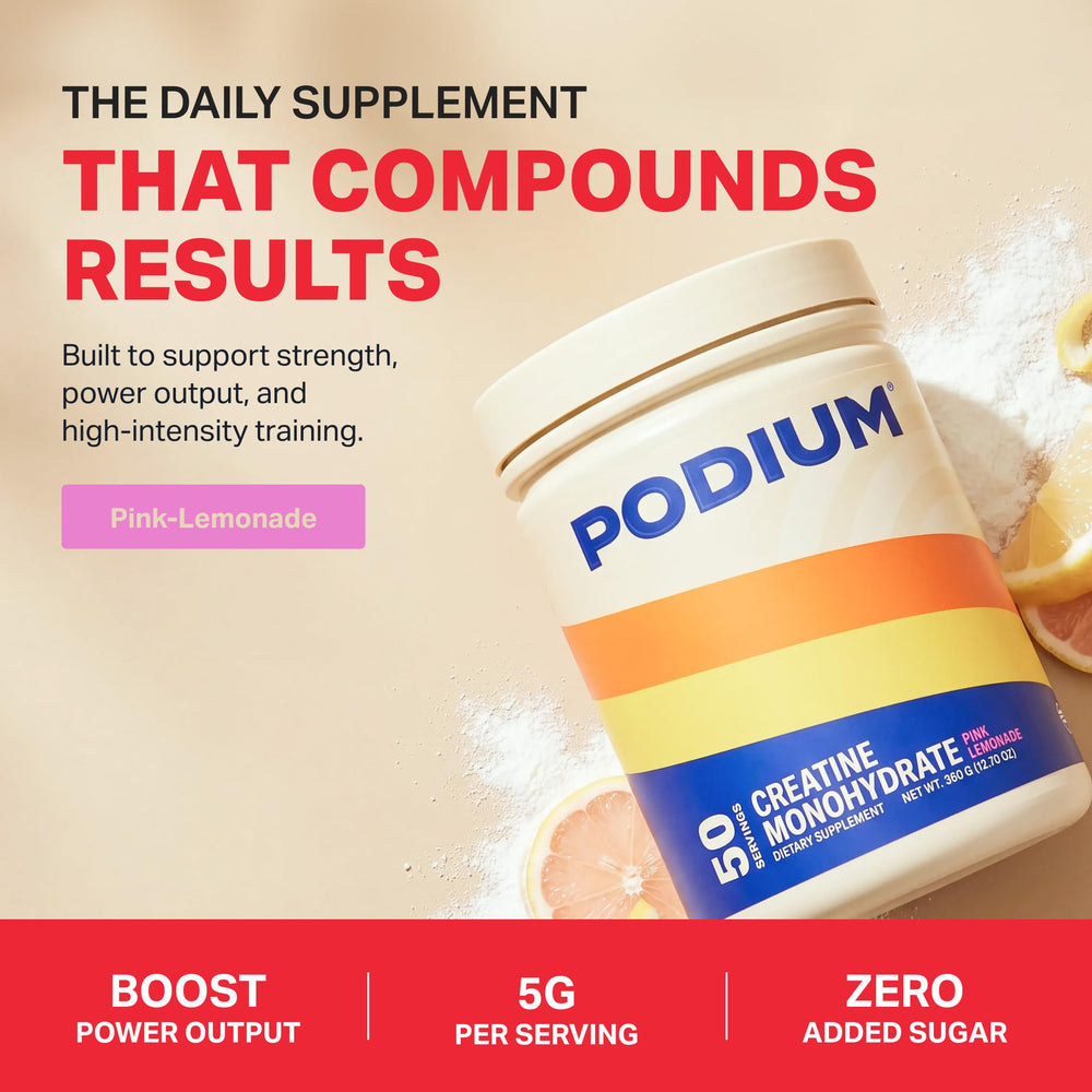 Podium Nutrition polvo vertido en vaso mostrando mezcla y bebida refrescante lista