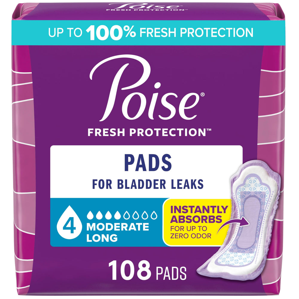 Poise empaque frontal 108 unidades mostrando cantidad y ahorro