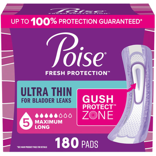 Poise empaque frontal con 180 unidades mostrando cantidad y absorción