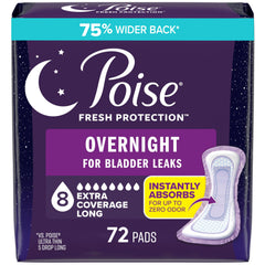 Poise empaque frontal 72 unidades mostrando cobertura nocturna