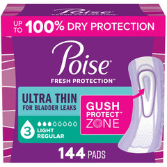 Poise frente del empaque mostrando 144 toallas y marca, almacenamiento práctico
