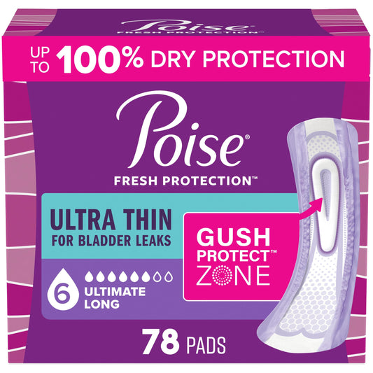 Poise empaque frontal mostrando 78 toallas y beneficio de suministro prolongado