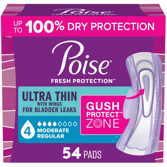Poise empaque frontal mostrando 54 toallas, protección confiable