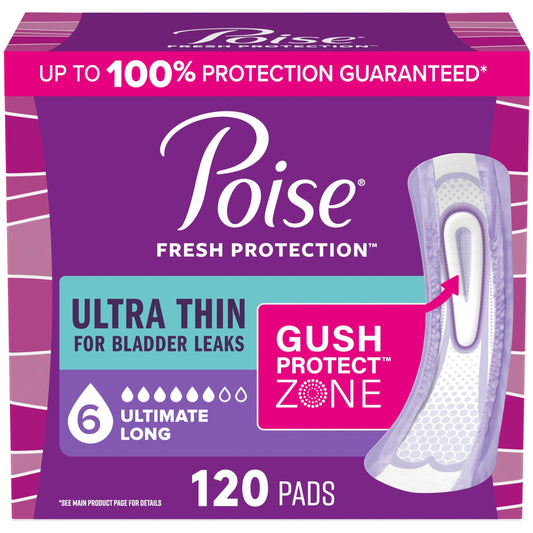 Poise empaque frontal mostrando 120 unidades y protección confiable